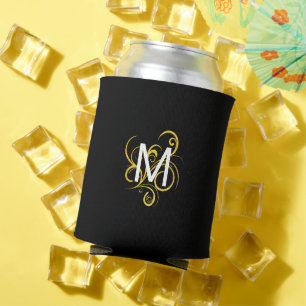 Minimalistic Gold Black and White Monogram Can Cooler