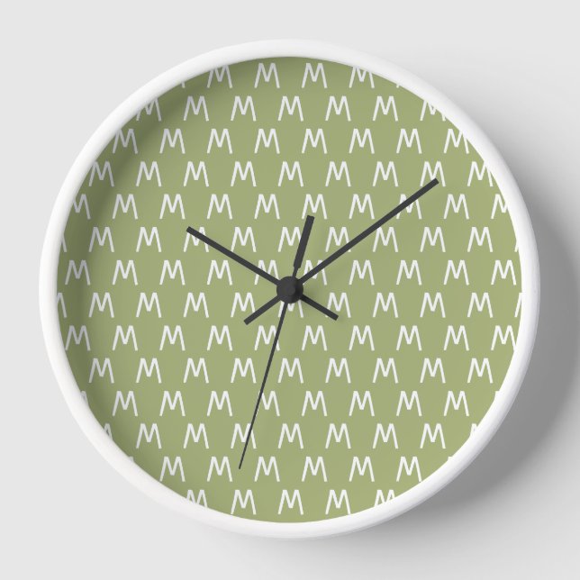 Minimalistic Green and White Monogram Clock (Front)