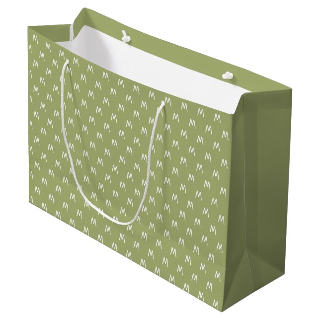 Minimalistic Green and White Monogram Large Gift Bag (Front Angled)