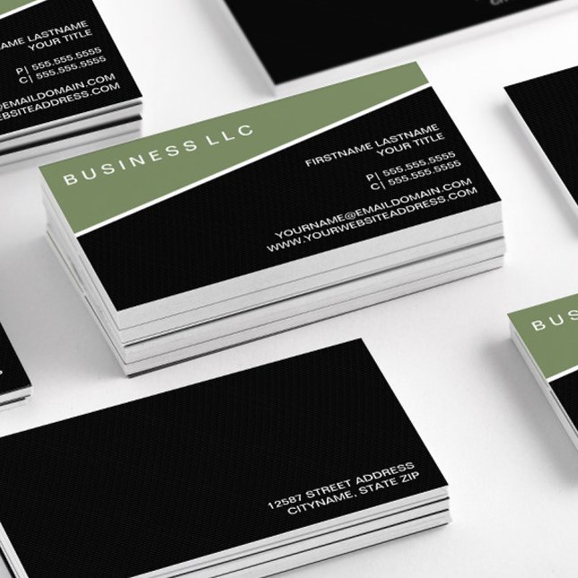 Minimalistic Green Black Pinstripe Professional Business Card (Stack Minimalistic Green Black Pinstripe Professional Business Cards—Front & Black)