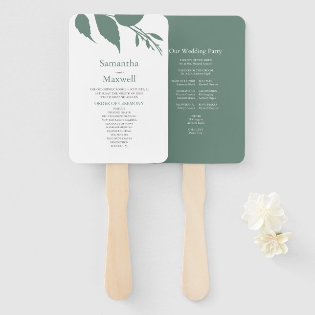 Minimalistic Green Leaves Wedding Hand Fan (Front and Back)