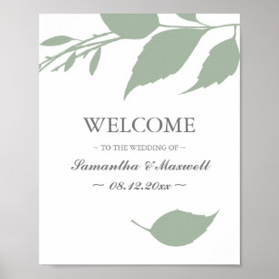Minimalistic Green Leaves Wedding Welcome Poster