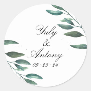 Minimalistic Greenery Botanical Modern Wedding  Classic Round Sticker