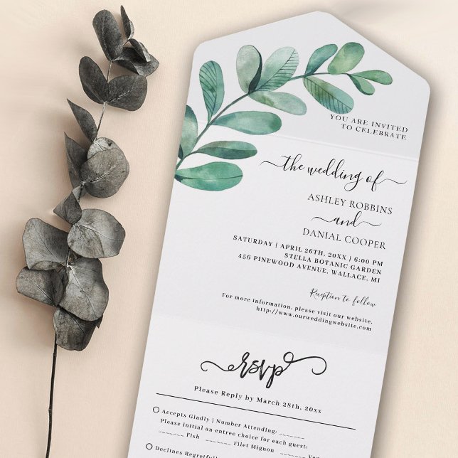 Minimalistic Greenery Foliage Wedding All In One I All In One Invitation (Creator Uploaded)