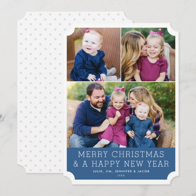 Minimalistic Grid 3 Photo Blue Holiday Card (Front/Back)