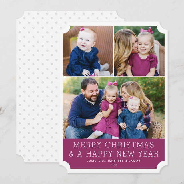 Minimalistic Grid 3 Photo Fuchsia Holiday Card (Front/Back)