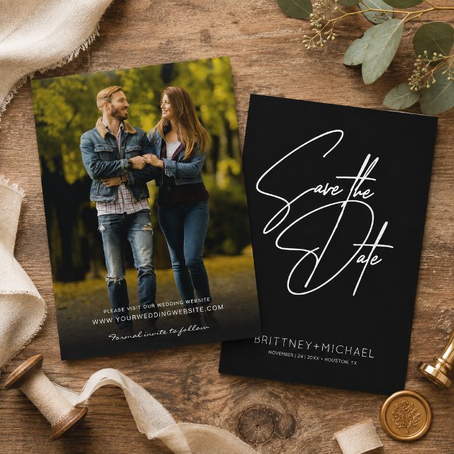 Minimalistic Hand Lettered Black Save The Date (Announce your upcoming wedding celebration with this modern minimalist black photo Save the Date.)