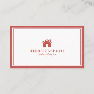 Minimalistic House Logo Red & White Plaid Realtor Business Card