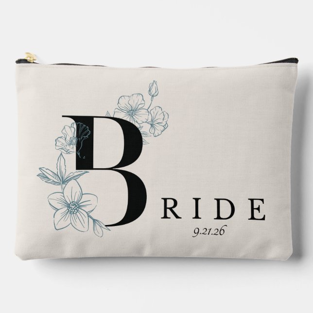 Minimalistic Ivory-Black Floral Caligraphy Bride  Accessory Pouch (Front)