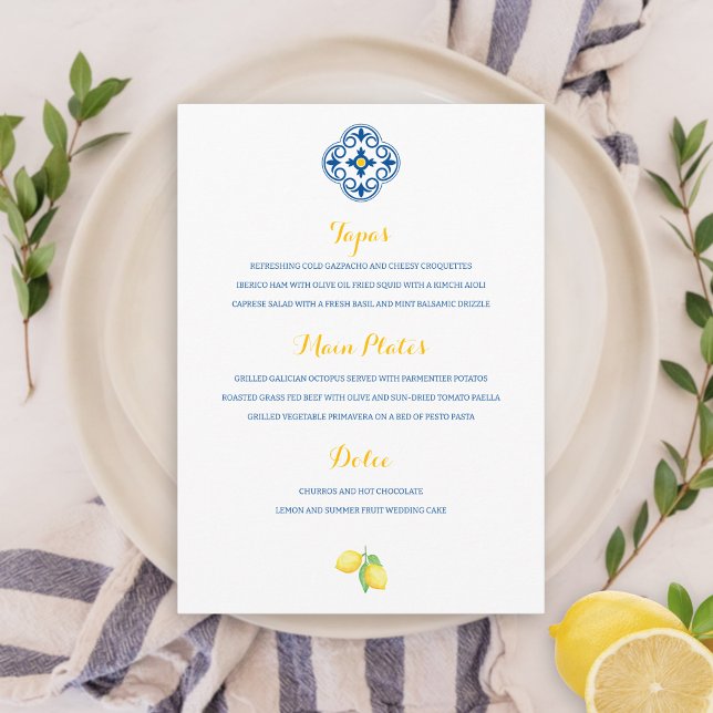 Minimalistic Mediterranean Tile Lemon Wedding Menu (Creator Uploaded)