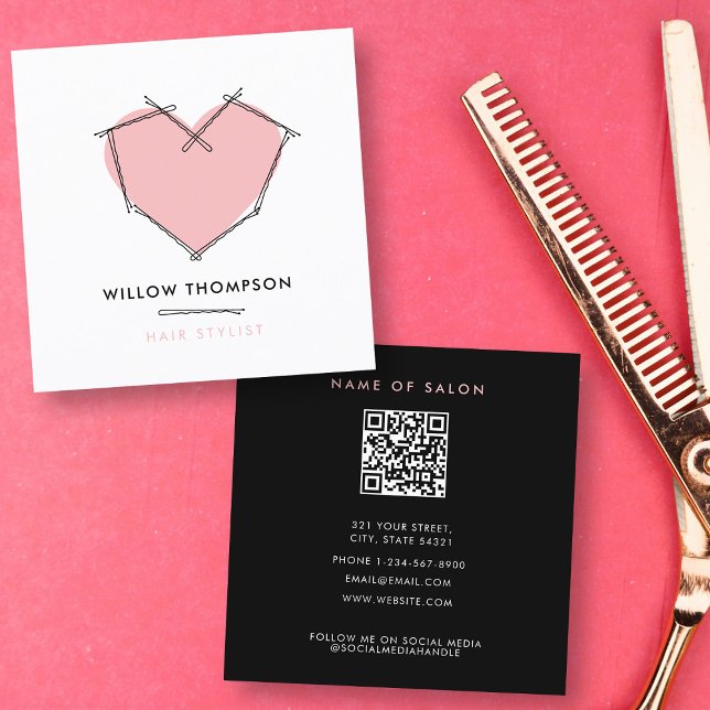 Minimalistic Modern Black Pink Bobby Pins Hair  Square Business Card (Minimalistic Modern Black Pink Bobby Pins Hair Square Business Card)