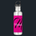 Minimalistic modern monogram initial name hot pink 710 ml water bottle<br><div class="desc">Minimalistic modern monogram initial name black white. Personalizable custom name with a cursive initial behind on a hot pink colour.</div>