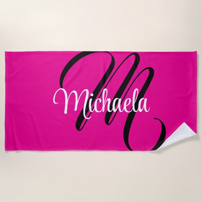 Minimalistic modern monogram initial name hot pink beach towel (Front)