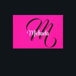 Minimalistic modern monogram initial name hot pink canvas print<br><div class="desc">Minimalistic modern monogram initial name black white. Personalizable custom name with a cursive initial behind on a hot pink colour.</div>