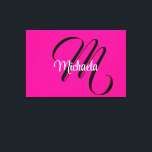 Minimalistic modern monogram initial name hot pink canvas print<br><div class="desc">Minimalistic modern monogram initial name black white. Personalizable custom name with a cursive initial behind on a hot pink colour.</div>
