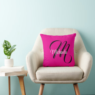 Minimalistic modern monogram initial name hot pink cushion