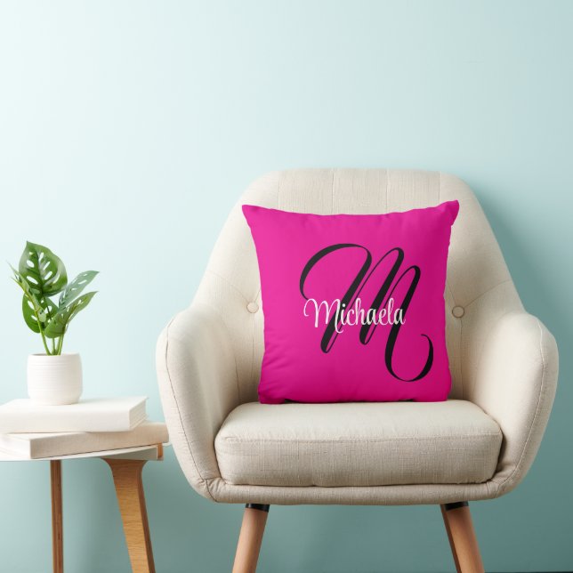Minimalistic modern monogram initial name hot pink cushion (Chair)