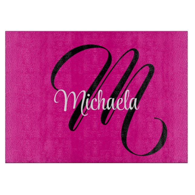 Minimalistic modern monogram initial name hot pink cutting board (Front)