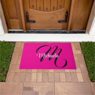 Minimalistic modern monogram initial name hot pink doormat
