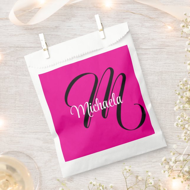 Minimalistic modern monogram initial name hot pink favour bags (Clipped)