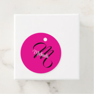 Minimalistic modern monogram initial name hot pink favour tags
