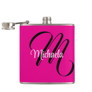 Minimalistic modern monogram initial name hot pink hip flask