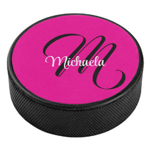 Minimalistic modern monogram initial name hot pink hockey puck