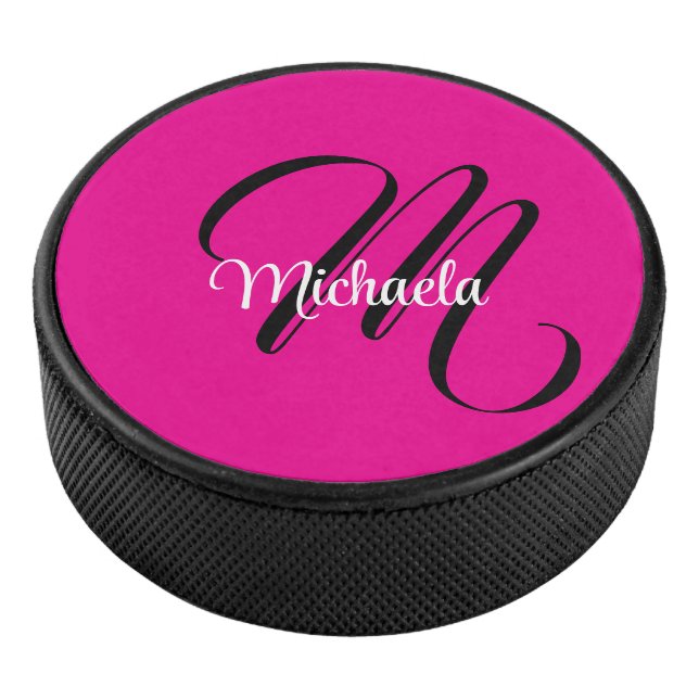 Minimalistic modern monogram initial name hot pink hockey puck (3/4)