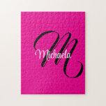 Minimalistic modern monogram initial name hot pink jigsaw puzzle<br><div class="desc">Minimalistic modern monogram initial name black white. Personalizable custom name with a cursive initial behind on a hot pink colour.</div>