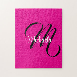 Minimalistic modern monogram initial name hot pink jigsaw puzzle