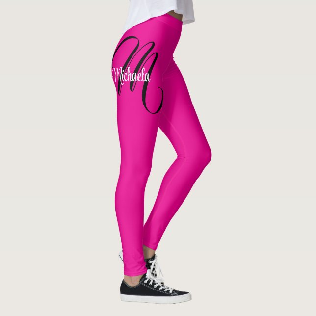 Minimalistic modern monogram initial name hot pink leggings (Right)