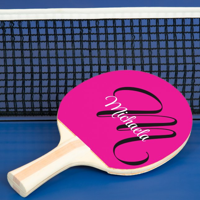 Minimalistic modern monogram initial name hot pink ping pong paddle (Insitu)