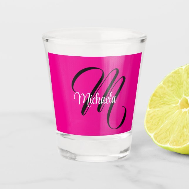 Minimalistic modern monogram initial name hot pink shot glass (Front)