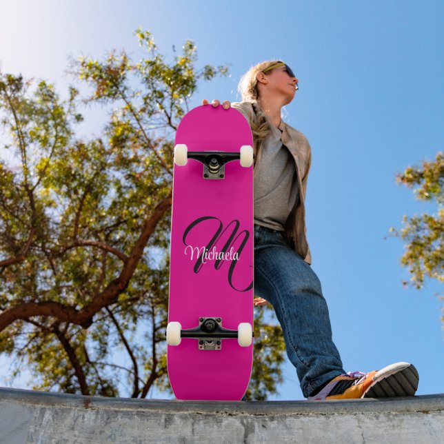 Minimalistic modern monogram initial name hot pink skateboard (Outdoor 1)