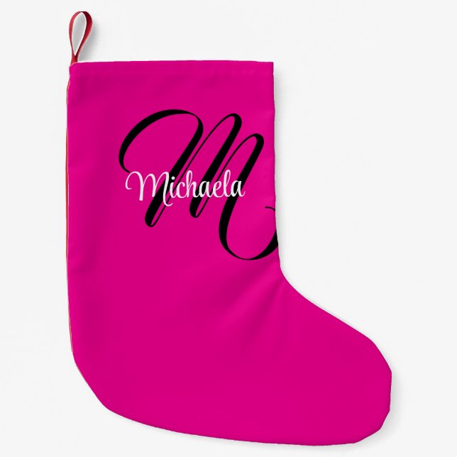 Minimalistic modern monogram initial name hot pink small christmas stocking (Front)