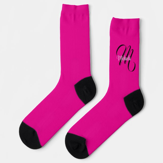 Minimalistic modern monogram initial name hot pink socks (Left)