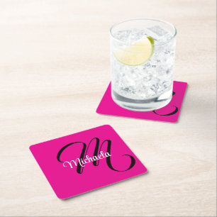 Minimalistic modern monogram initial name hot pink square paper coaster