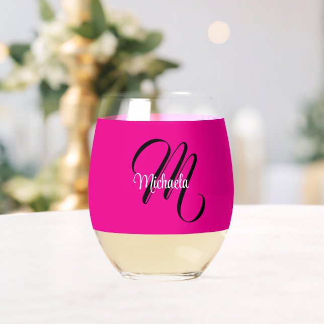 Minimalistic modern monogram initial name hot pink stemless wine glass (Insitu (Wedding))