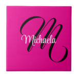 Minimalistic modern monogram initial name hot pink tile<br><div class="desc">Minimalistic modern monogram initial name black white. Personalizable custom name with a cursive initial behind on a hot pink colour.</div>