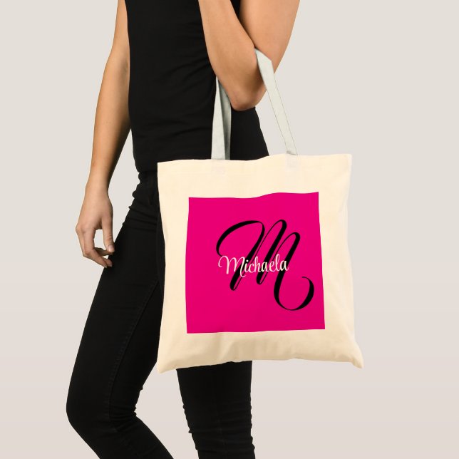 Minimalistic modern monogram initial name hot pink tote bag (Front (Product))