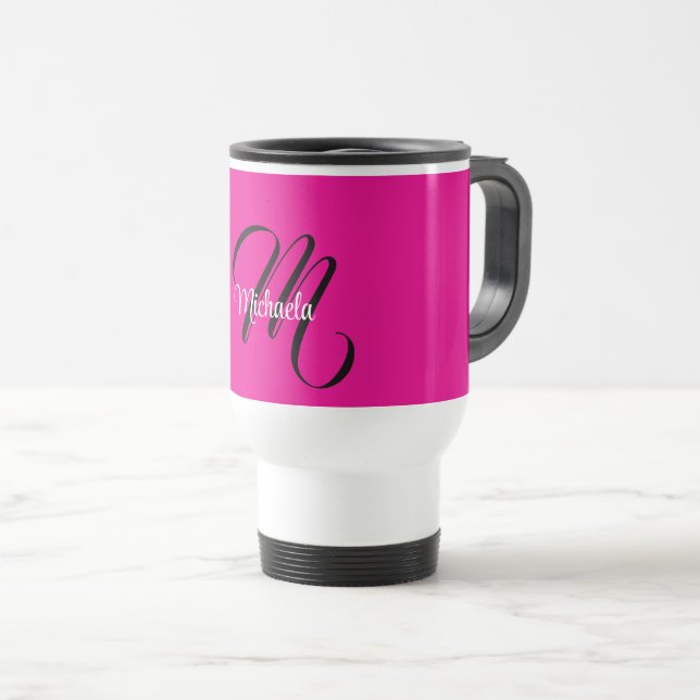 Minimalistic modern monogram initial name hot pink travel mug (Front Right)