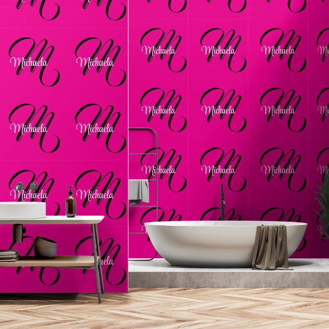 Minimalistic modern monogram initial name hot pink wallpaper (Bathroom)