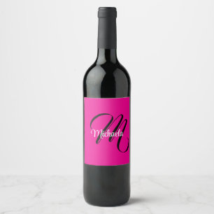 Minimalistic modern monogram initial name hot pink wine label