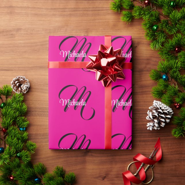 Minimalistic modern monogram initial name hot pink wrapping paper (Holiday Gift)