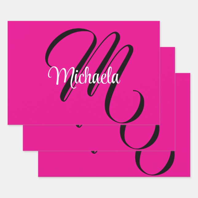 Minimalistic modern monogram initial name hot pink wrapping paper sheet (Set)