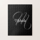 Minimalistic modern monogram initial name jigsaw puzzle<br><div class="desc">Minimalistic modern monogram initial name black white. Personalizable custom name with a cursive initial behind on a black colour.</div>