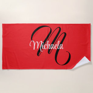 Minimalistic modern monogram initial name red beach towel
