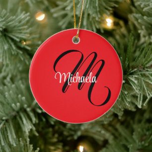 Minimalistic modern monogram initial name red ceramic tree decoration