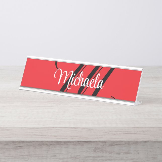 Minimalistic modern monogram initial name red desk name plate (Front)