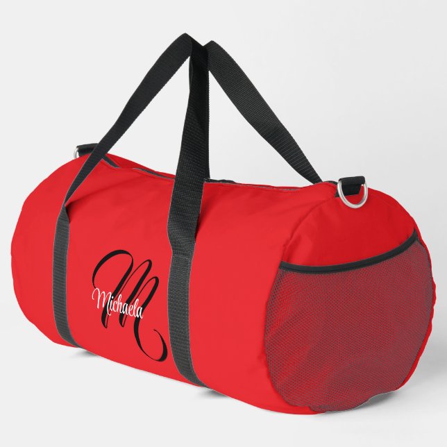 Minimalistic modern monogram initial name red duffle bag (Right Corner)